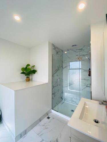 a bathroom with a glass shower and a sink at Home sweet home Christchurch Centre in Christchurch