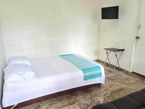 1 dormitorio con 1 cama y TV en la pared en Posada Turística Miss Geidy, en San Andrés
