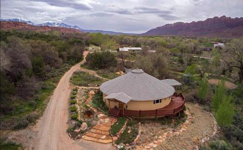 an aerial view of a house in the desert at Red Moon Lodge in Moab