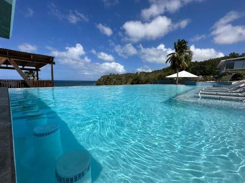 a large swimming pool with the ocean in the background at Hotel El Guajataca in Quebradillas