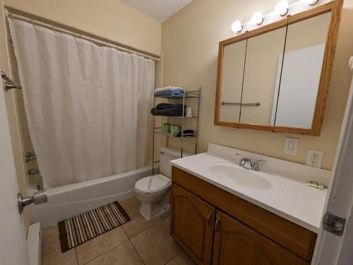 a bathroom with a sink and a toilet and a mirror at LAKE GEORGE FAMILY VACATION HOME in Lake George