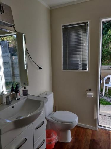 a bathroom with a toilet and a sink and a window at wanaka plantation road room in Wanaka