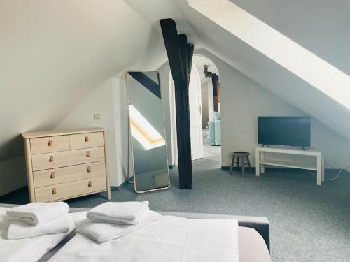 a bedroom with a bed and a dresser and a mirror at Gemütliche Stadtwohnung “Elmrand“ mit Stadtblick in Schöppenstedt