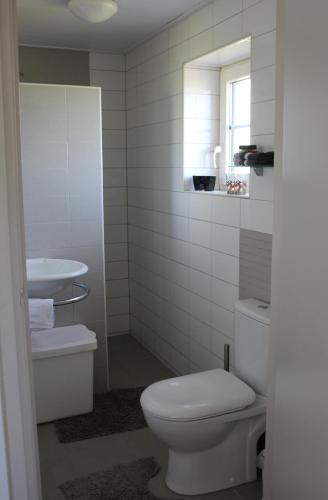 a white bathroom with a toilet and a sink at Bed and breakfast De Zwanebloem in Elburg