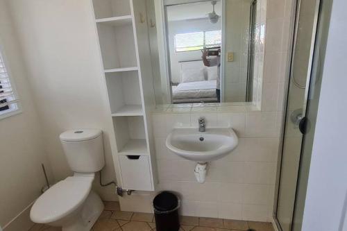 a bathroom with a toilet and a sink and a mirror at Happy Haven at Eight Mile in Brisbane