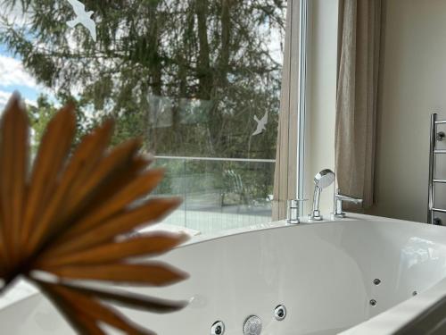 baño con bañera blanca y ventana en Ferienhaus am See, en Parey