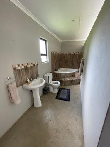 a bathroom with a toilet and a sink and a tub at Holbank River Lodge in Ermelo