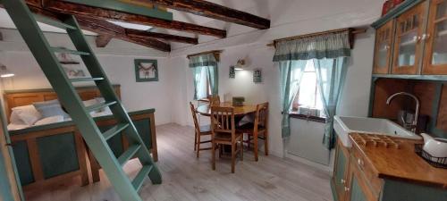 a kitchen with a bunk bed and a kitchen with a table at Apartmány Javorek in Sněžné