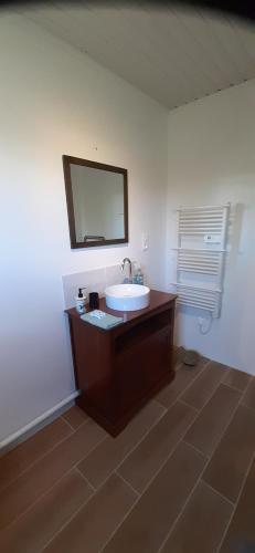 een badkamer met een wastafel en een spiegel aan de muur bij le clos des chevaliers in Pons