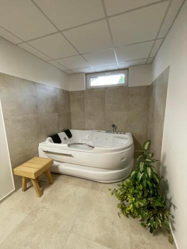 een badkamer met een bad en een raam bij Rozália Vendégház in Sarród