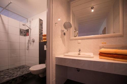 a bathroom with a sink and a toilet and a mirror at Hotel Frankenschleif in Waldmünchen