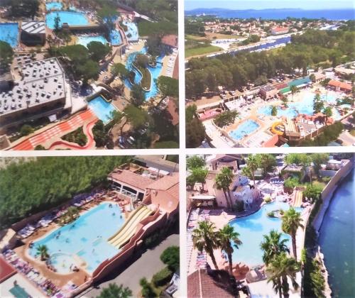 un collage de quatre photos d'un parc aquatique dans l'établissement Mobil Home 6/8 Places vue dégagée, au Muy