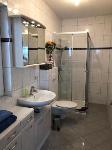 a bathroom with a sink and a toilet and a shower at Haus Am Wald in Wasungen