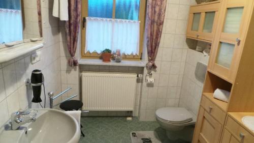 ein Bad mit einem Waschbecken, einem WC und einem Fenster in der Unterkunft Ferienwohnung Zur schönen Aussicht in Lalling