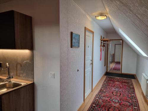 a kitchen with a sink and a hallway with a rug at Linda Gård Apartments in Yngsjö