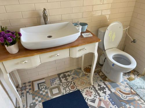 La salle de bains est pourvue d'un lavabo et de toilettes. dans l'établissement שלווה בהר, à Malkiyya