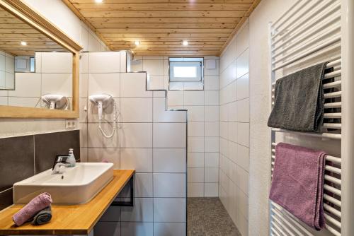 La salle de bains est pourvue d'un lavabo et d'un miroir. dans l'établissement Am Sersbach, à Forbach