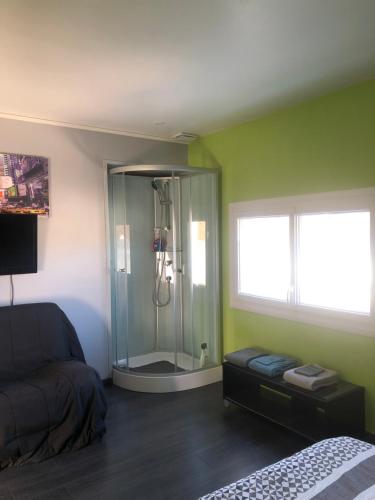 a bathroom with a shower with a glass door at Chambres climatisées en Sologne pour 1 à 4 Hôtes in Nouan-le-Fuzelier