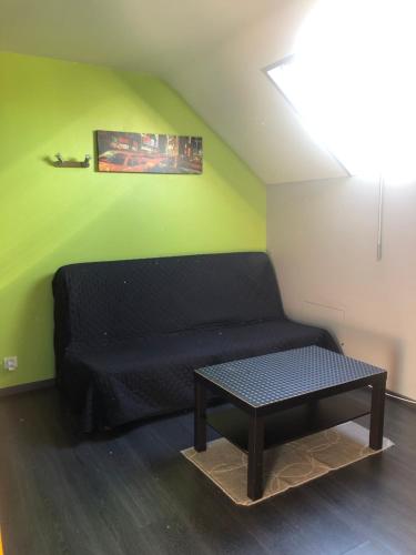 a living room with a black couch and a table at Chambres climatisées en Sologne pour 1 à 4 Hôtes in Nouan-le-Fuzelier