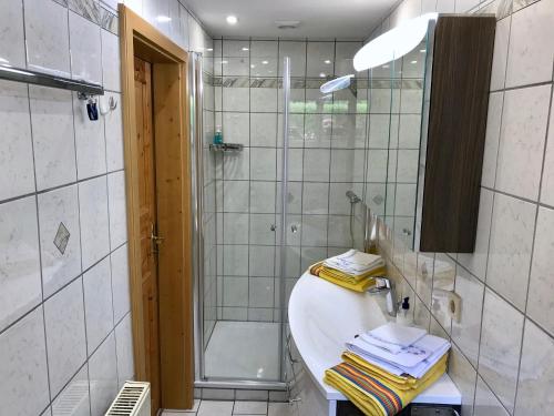 a bathroom with a shower and a sink and a mirror at Ferienwohnung Näfelt in Gunzenhausen