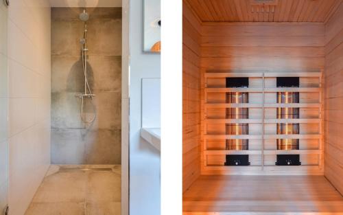 a bathroom with a shower and a walk in closet at Villa Goudvink in Dirkshorn