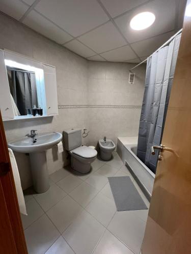 a bathroom with a sink and a toilet and a shower at Apartamento Playa Delicias in Águilas