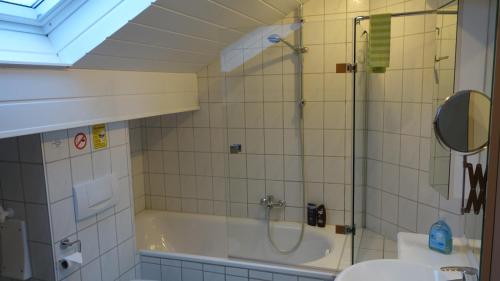 bagno con doccia, vasca e lavandino di Wirtsbauers-Ferienwohnung a Merklingen