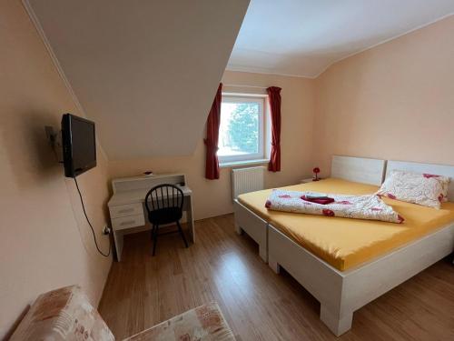 Schlafzimmer mit einem Bett, einem Schreibtisch und einem TV in der Unterkunft Penzión ONE in Dolný Ohaj