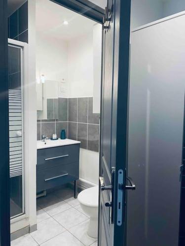een badkamer met een toilet, een wastafel en een douche bij 02 Appart cozy à 5min de Fontainebleau in Bourron-Marlotte