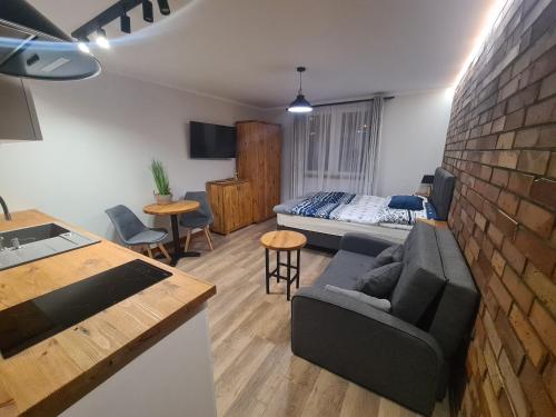 a living room with a couch and a bed in a room at Solanki Loft Kładka in Inowrocław