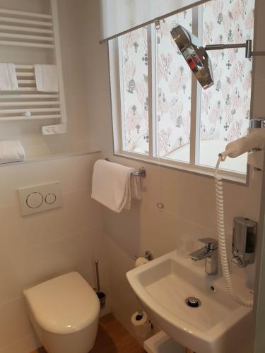 a bathroom with a toilet and a sink and a window at Les Chants d'Ailes - Hôtel Face Mer in La Turballe
