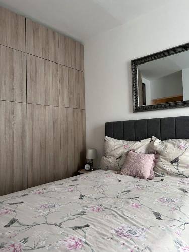 a bedroom with a large bed and a mirror at Studio Apartman Lucija in Osijek