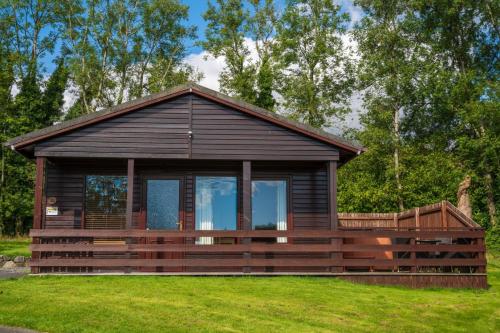 a small cabin with a large window in the grass at Birch Lodge 20 with Hot Tub in Newton Stewart
