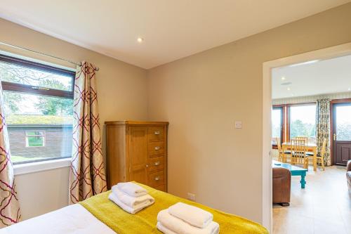 a bedroom with a bed and a window at Birch Lodge 20 with Hot Tub in Newton Stewart