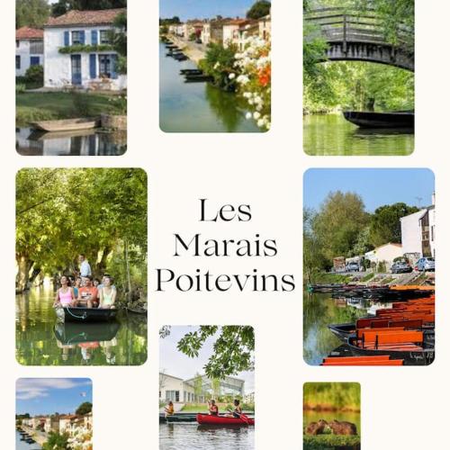 a collage of pictures of people in a boat on a canal at L'échappée Belle in Bessines