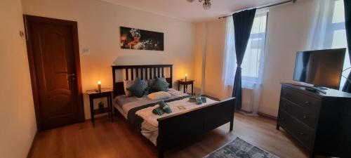 - une chambre avec un lit et une télévision à écran plat dans l'établissement Happy Mood Apartment 5, à Braşov