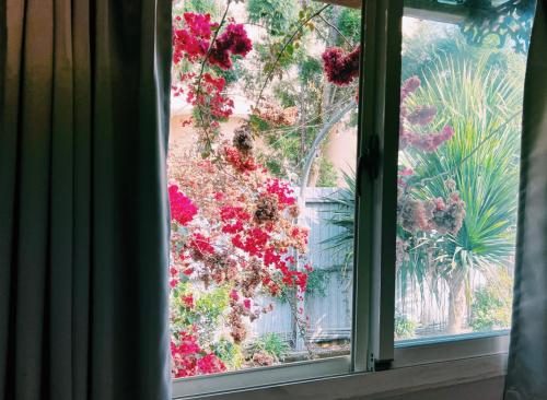 a window view of a garden with red flowers at Puli Islet Inn in Puli