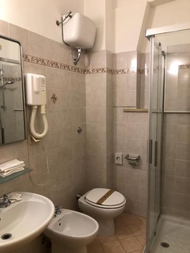 a bathroom with a toilet and a sink and a shower at Hotel Kristall in Orvieto
