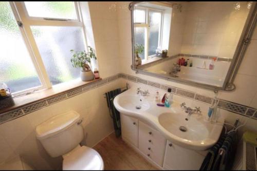 a bathroom with a sink and a toilet and a mirror at 3bedroom beautiful cottage in Cheshunt