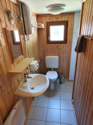 Baño pequeño con aseo y lavamanos en Ferienhäuser & Bungalows - Naturcamp Meyersgrund im Thüringer Wald, en Ilmenau