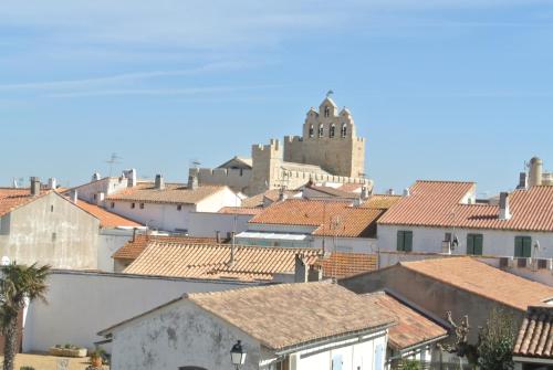 a view of a city with a castle in the background at Hotel Les Palmiers En Camargue in Saintes-Maries-de-la-Mer