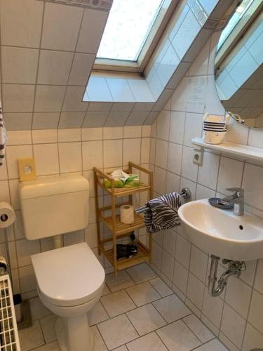 a bathroom with a toilet sink and a skylight at Hotel Meerblick garni in Neuharlingersiel