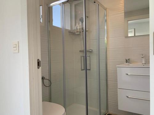 y baño con ducha, aseo y lavamanos. en HENDAYE PLAGE (850m) APPARTEMENT 1-4 PERSONNES en Hendaya