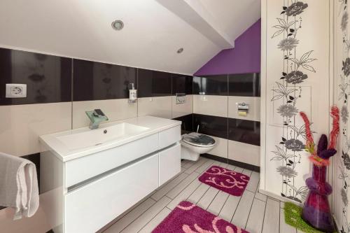 uma casa de banho com um lavatório branco e um WC. em Apartment Mountain Sunrise em Škofja Loka