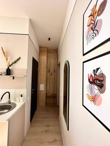 um corredor de uma casa com um lavatório e arte na parede em Квартира художника в ЖК Толе Би em Astana