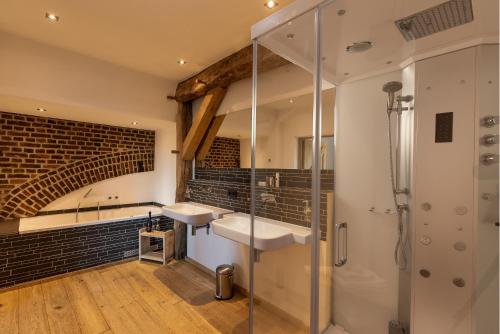 a bathroom with a sink and a shower at Landgoed Moerslag in Sint Geertruid
