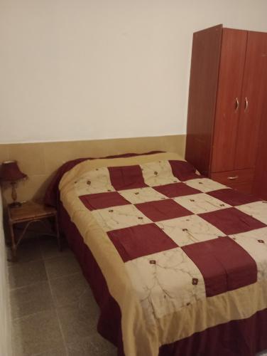 a bedroom with a bed with a checkered blanket at Alquiler temporario Mendoza in Las Heras