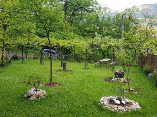 Tkhibuli geust house في Tqibuli: حديقة فيها اشجار وصخور في العشب