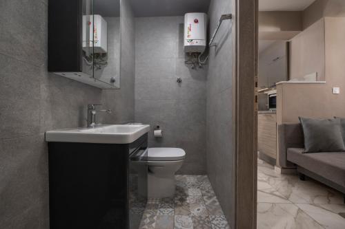 ein Badezimmer mit einem weißen Waschbecken und einem WC in der Unterkunft Egnatia flat 2 in Thessaloniki