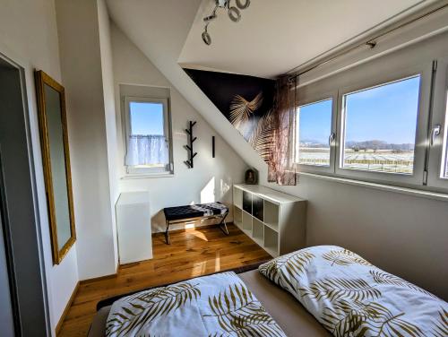 1 dormitorio pequeño con 1 cama y 2 ventanas en Ferienhof-Dachsberg Wohnung Paradies, en Bermatingen
